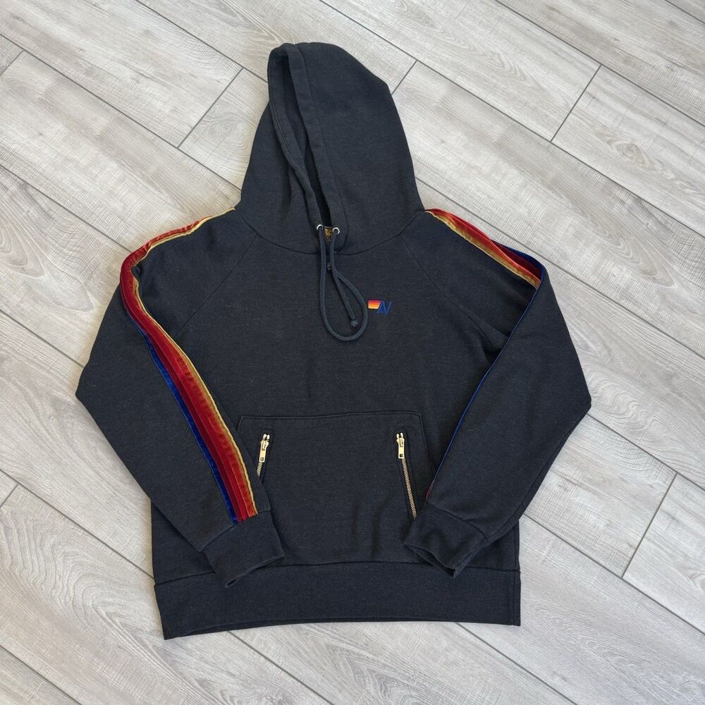 Aviator Nation Charcoal Pullover Hoodie with Rainbow Velvet Sleeve Stripes